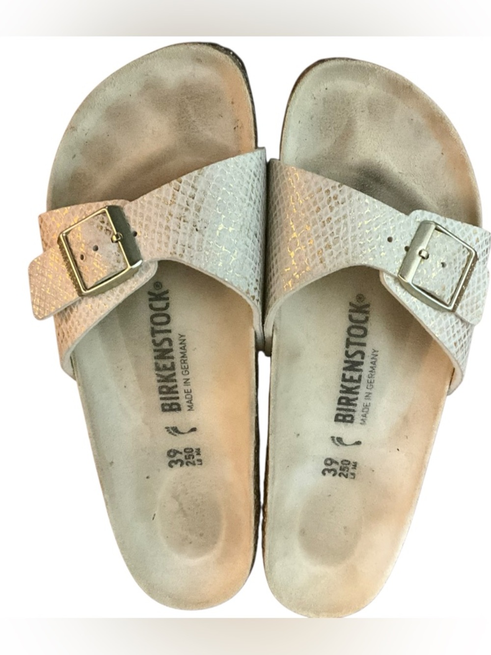 Birkenstock Madrid One Buckle Sandal in Cream Snakeskin with Golden Flecks
